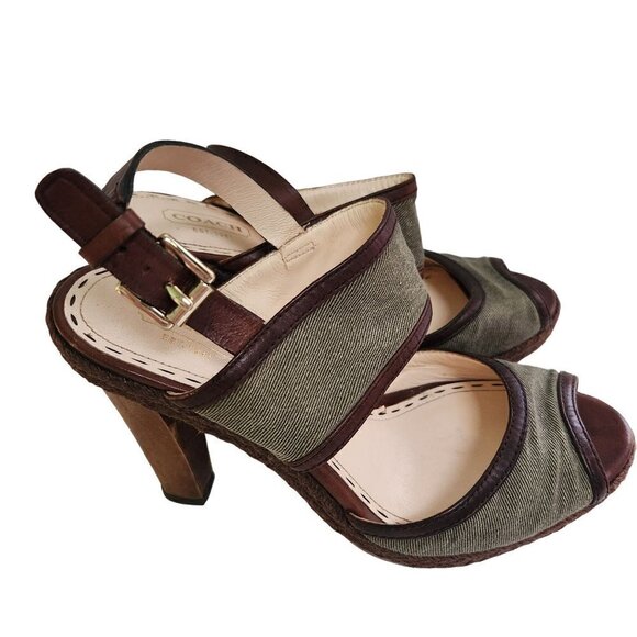 Coach Y2K Daria Olive Green Preep Toe Leather Strap Heeled Sandals Size 7.5B - Picture 1 of 10
